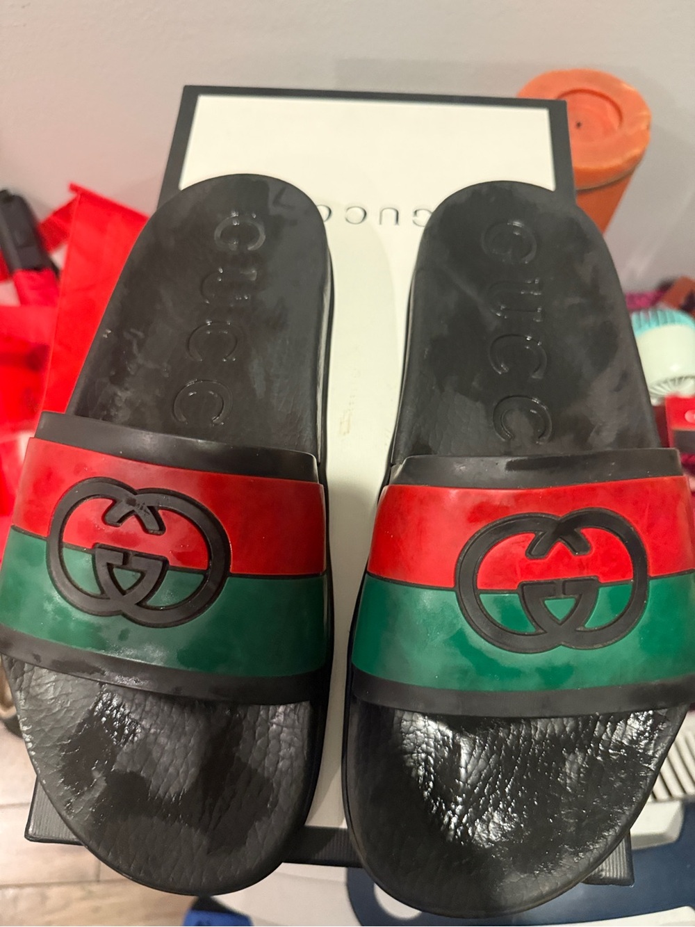 Gucci Black Slides with Red and Green Stripes - Picture 4 of 5